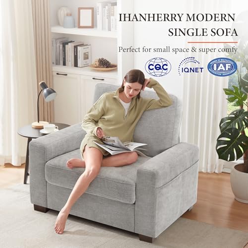 Image of Ihanherry 39 Inch Sofa Single with Side Pocket, Comfy Modern 1-Seat Sofa for Living Room & Bedroom, Removable Medium Firm Sofa Cushion, Breathable Chenille Fabric, Grey