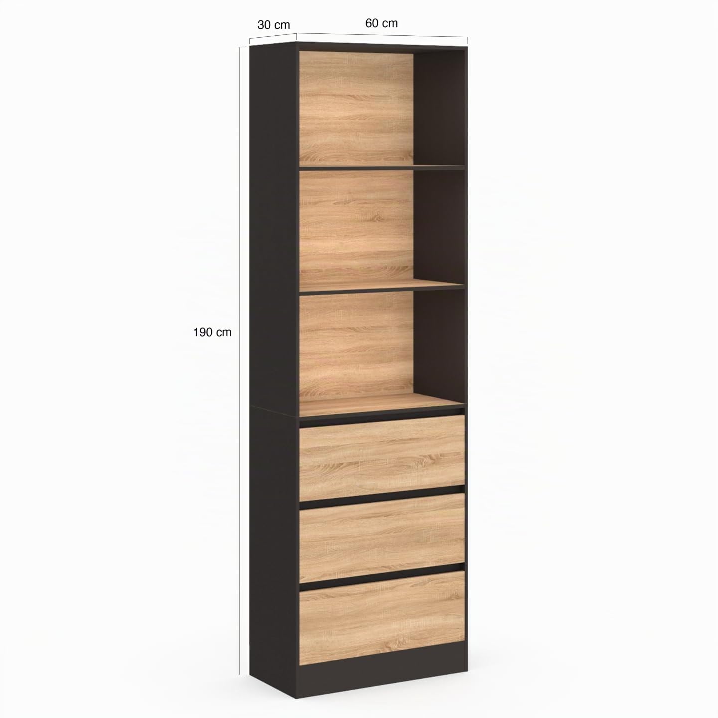 IDMarket – Estantería CARLA, 3 niveles con 3 cajones negros y efecto madera, 190 cm de altura