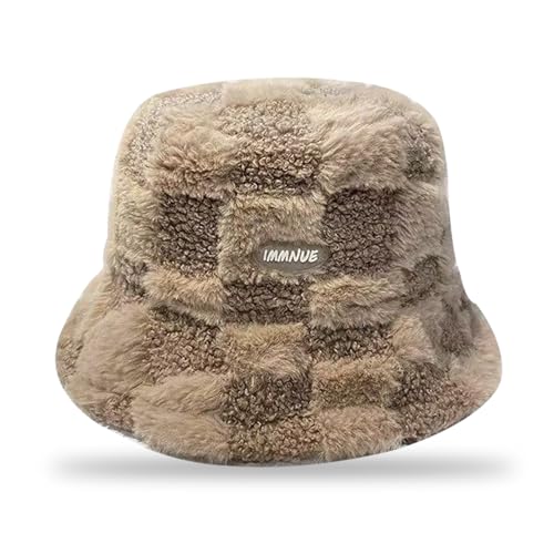 FOSDICK - FOSDICK 1 Pièce Peluche Bob Hiver Femme, Kaki Plaid Bucket Hat, Résistant au Froid Chaud Chapeau Femme Hiver, Doux Épaissi Bob Moumoute, Bonnet Femme pour l'Intérieur et l'Extérieur, Kaki, 53-58