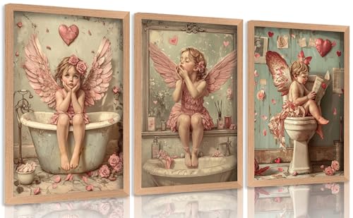 Framed Funny Pink Valentines Day Bathroom Wall Art Vintage Cute Cupid on Toilet Picture Wall Decor Angel in Bathtub Poster Romantic Victorian Heart Canvas Prints Artwork for Restroom Toilet