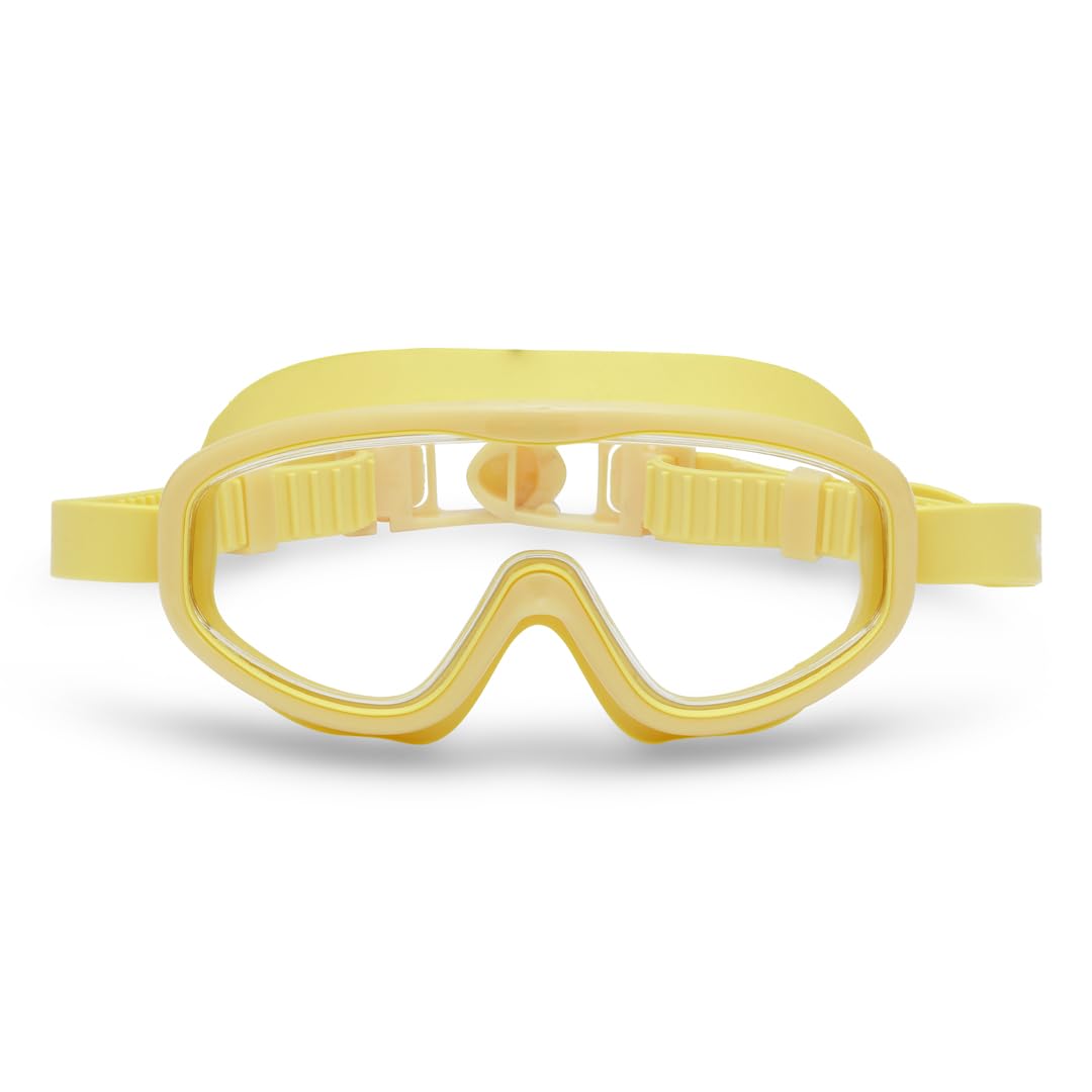 Petites Pommes Gafas de natación para niños de 3 a 8 años – silicona ligera, lente gran angular antivaho, diseño retro, correas ajustables, hebilla para el cabello, bolsa de algodón