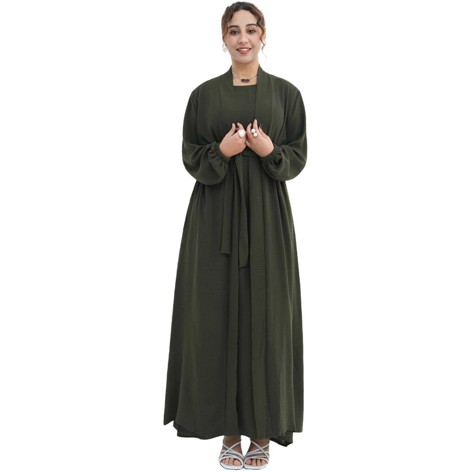 Elegant Muslim Two-Piece Long Abaya - Belted Design, Side Pockets, Islamic Prayer Dress, Women Eid Clothes
