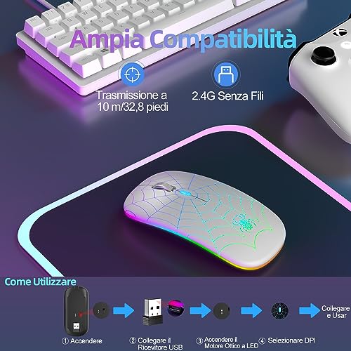 Mouse Wireless Ricaricabile con Convertitore USB e Tipo-C,RGB a 7 Colori,Portatile e Precisione Regolabile (800/1200/1600),Argenteo - Mouse gaming - Immagine 6