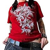 Women Grunge Clothes Y2k Oversized Shirt Graphic Print Crop Top Aesthetic Vintage Teen Girl Halloween Baggy Tees (Red Stars, S)