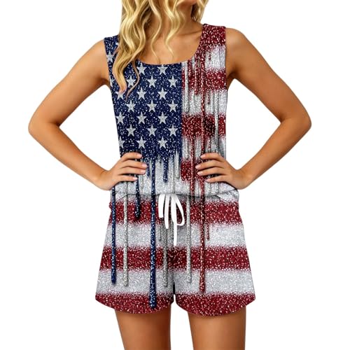 Generisch Camiseta de tirantes sin mangas de verano con cuello de piqué con estampado floral, perfecta para mujer, conjunto de pantalones cortos aireados y de ocio en dos piezas, azul oscuro, S