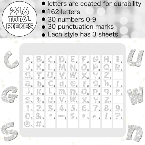 Image of Colarr 216 Pcs Silver Glitter Bulletin Board Letters for Classroom Number Alphabet Punctuation Symbol Cutout 4'' Die-Cut Poster Letter with Adhesive Dot School Party Graduation Decor Display