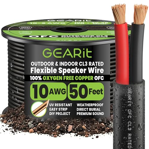 GEARit 10GA Outdoor Speaker Wire 50ft CL3 Rated Black Conductors Black