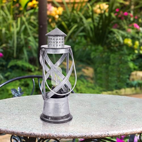 Image of Alpine Corporation 15 inch H Indoor /Outdoor Vintage Metal Lantern with LED Lights, Silver