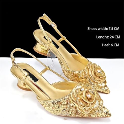 Shiny Gold Color Shoes and Bag Handbags and Medium Heel Shoes Beautiful Handmade Flowers for Wedding Party4