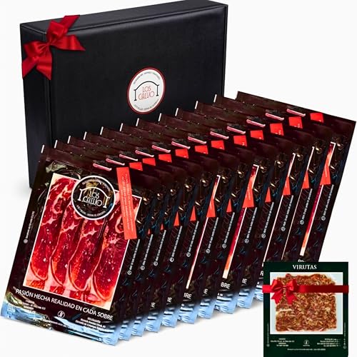 Jamon LOS CALVO Lote Loncheado Paleta Iberica Cerdo Pata Negra | Maletín Paletilla Bellota 12 Sobres 960Gr + 200Gr Virutas y Tacos del Jamón Deshuesado de Regalo Embutidos Gourmet España 50% Ibérico