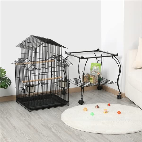 Abician Cage Oiseaux sur Pied avec Toiture Triple-A Cage sur roulettes avec Support Détachable 59 x 59 x 139,5 cm