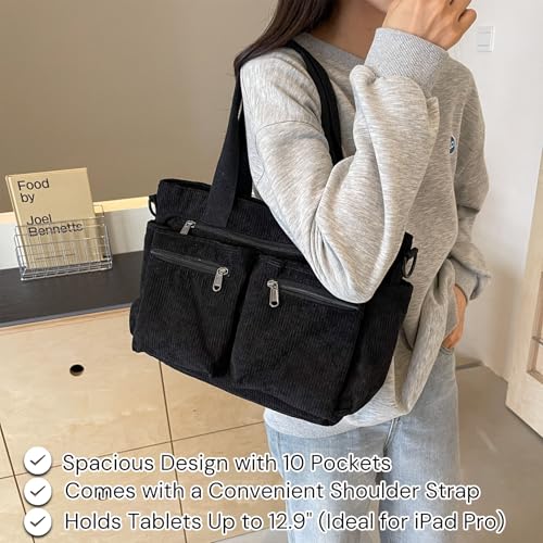 Image of YDF Corduroy Tote Bag for Women Crossbody Purse with Zipper, Aesthetic Multi Pocket Work School Bag, Gifts for Mom Teacher