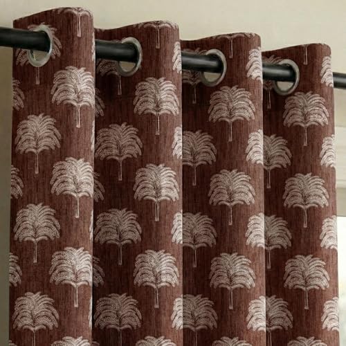 Image of Fashion String Elegant Tree 150 GSM Semi Transparent Eyelet Polyester Door Curtains - 7 Feet, Brown (Set of 2)