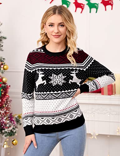 Image of MISSKY Family Christmas Sweater Crew Neck Reindeer Snowflakes Knitted Pullover for Women /Men /Kids