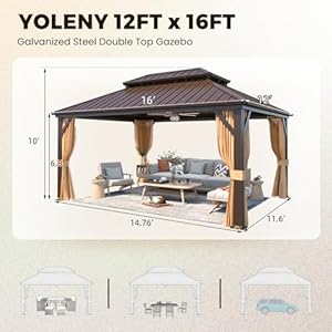 YOLENY 12' x 16' Gazebo Hardtop with Aluminum Frame,Galvanized Steel Double Roof Gazebos with Curtain and Netting,Outdoor Metal Pergolas for Garden, Lawn, Deck, Brown YOLENY 12 x 16 Gazebo Hardtop with Aluminum FrameGalvanized Steel Double Roof Gazebos with Curtain and NettingOutdoor Metal Pergolas for Garden Lawn Deck Brown