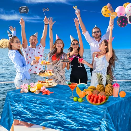 Image of OHOME 2 Pack Beach Party Decorations - Ocean Waves Plastic Tablecloth for Pool Party Decorations - Sea Water Print Table Cover for Summer Birthday Beach Theme Blue Backdrop Banner