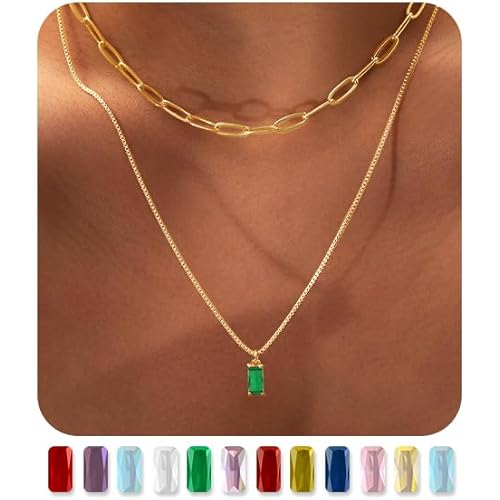 Dainty Gold Birthstone Necklaces for Women Non Tarnish, 14K Trendy Blue Green Cubic Zirconia Emerald Pendant Charm Gold Necklaces Birthday Gifts for Women Waterproof Jewelry