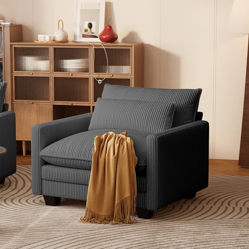 Image of Gizoon Cloud Accent Chair with Washable Cover, Corduroy Single Sofa Chair with Comfy Deep Seat, Modern Armchair with Pillow for Living Room Bedroom, Gray