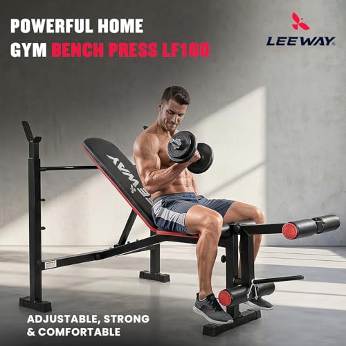 Image of Leeway LF100 Bench Press for Home Gym Setup | Adjustable Gym Bench for Home with Barbell Rack, Incline Decline Flat, Leg Curl Extension, 180 Kg Capacity Table (Black, Bench LF100, 1)
