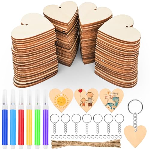 Hengxinchen 100 piezas Corazón de Madera con Agujero, 4cm Llavero...