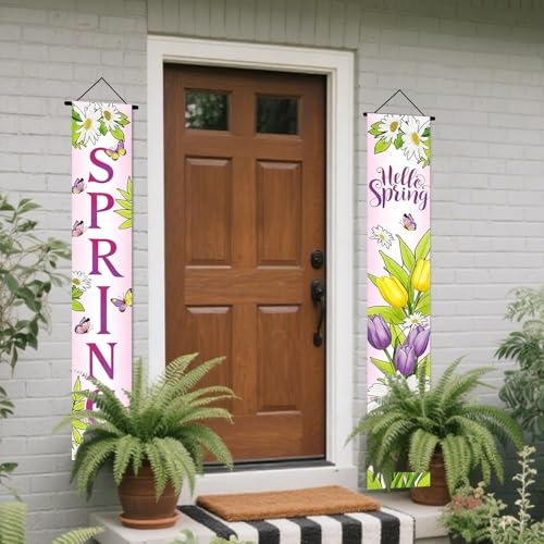 Image of Nuxovilar Hello Spring Tulip Daisy Porch Banners 12x70 Inches Polyester | Spring Porch Sign, Hanging Decor Colorful welcome Banner, Floral Tulip Accent Garden, Yard, Home (Hello Spring)