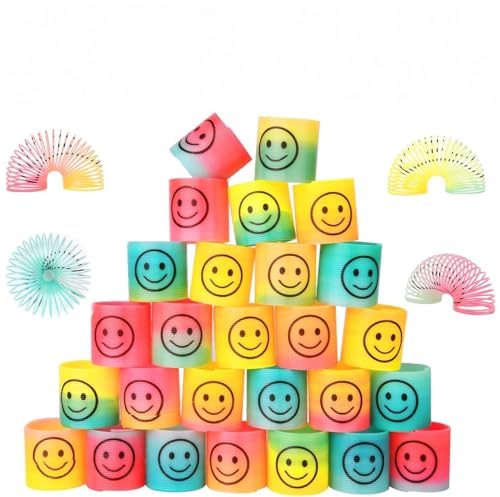flintronic 30PCS Mini Juguetes de Muelle de Arco Iris,Círculo del Arco Iris de la Sonrisa,Mini Resortes Mágicos,con 10 Pegatinas,Regalo de Fiesta Niños,Rellenos de Calcetín de Navidad