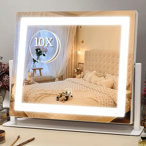 Image of ROLOVE 16x12 Inch Vanity Mirror with Lights, Lighted Makeup Mirror with 10X Magnification, Smart Touch 3 Colors Dimmable, Dresser Mount, Bathroom (White)
