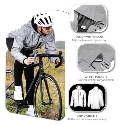 SECXEO Fahrradjacke Reflektierend Damen, Herren Wasserdicht Atmungsaktiv Radjacke mit Kapuze, Winddicht Fahrrad Regenjacke für Radfahren Laufen Wandern - Silber M