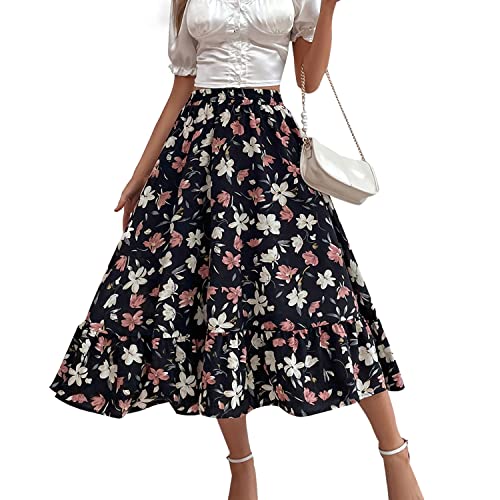 Feminino Boho Floral Impressão Elástica de Cintura Alta Pregueada Uma Linha Saia Midi (GG, Preto)