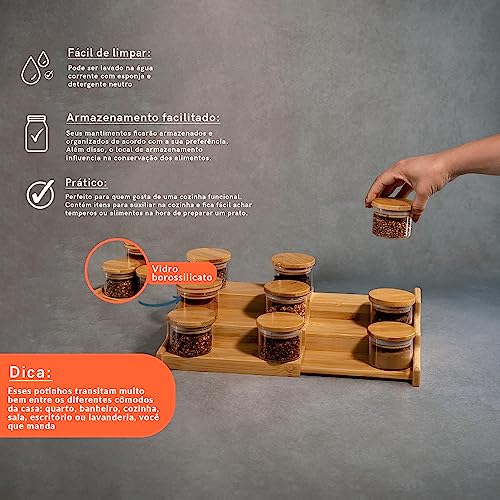 Oikos - Kit 9 Potes de Vidro 110ml com Tampa de Bambu Hermético e Rack Organizador
