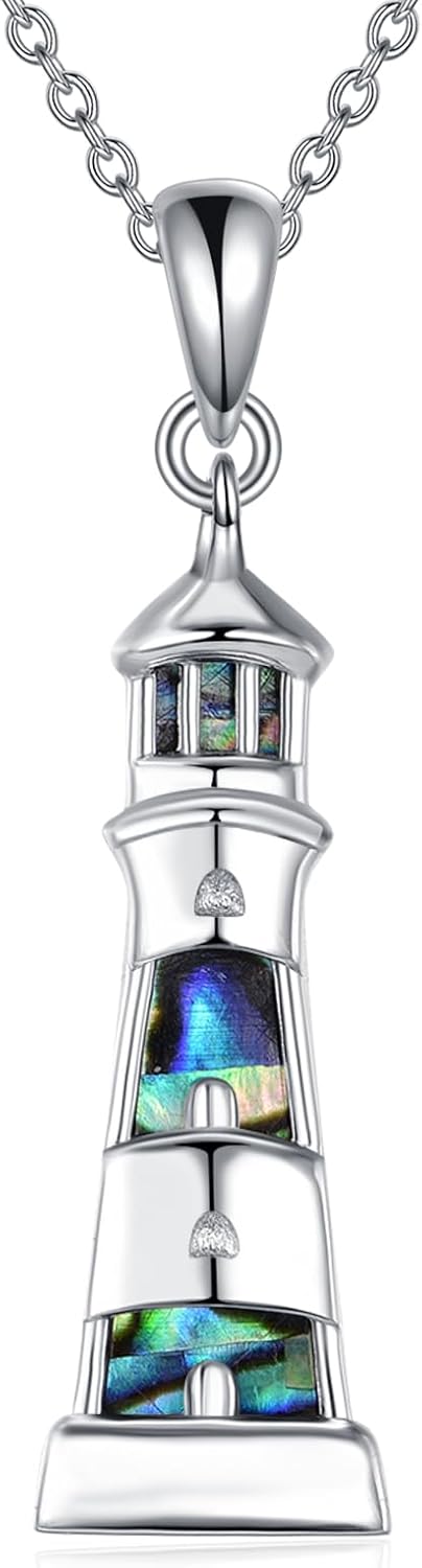 Lighthouse Gifts 925 Sterling Silver Lighthouse Abalone Shell Pendant Necklace Birthday Jewelry Gift for Women Friend