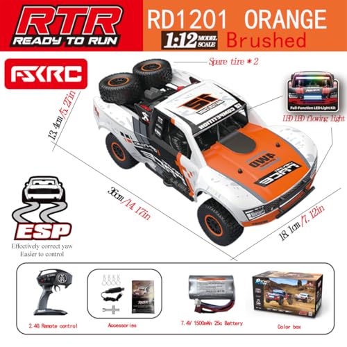 Image of 1 /12 RD12 RC Drift Car, 4WD Full-Proportional Brushed Racing Car with Gyroscope and 7-Color LED Lights, Remote Control Truck Gift for Adults (Orange)