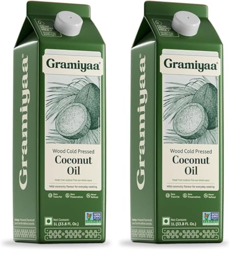 Image of Gramiyaa Cold Pressed Coconut oil 1 Litre | Traditionally Extracted | Chemical-free, Zero Trans-fat Cooking oil | Unrefined | Kachi Ghani Coconut oil for Cooking (Pack of 2)