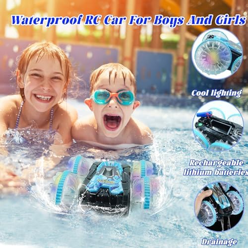 Amphibious Remote Control Car Boat, 4WD Gesture RC Car with Waterproof Remote Control, RC Stunt Car with LED Lights, Pool Toys for Kids Ages 6-12, Toys Gifts for Boys Girls 2