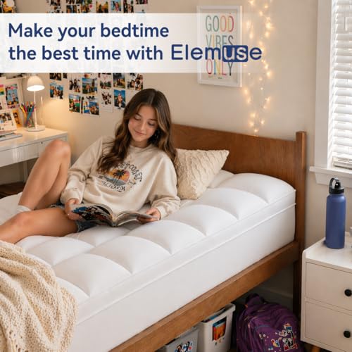 Image of ELEMUSE Twin Mattress Topper, Thick Pillow Top Mattress Pad | Overfilled down alternative filling adds plush comfort. Deep pocket design fits twin beds for small spaces and guest rooms.