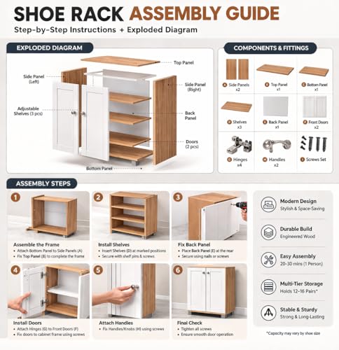 Image of Mevigo Wooden Shoe Rack Cabinet for Entryway - Modern 2 Door 4-Tier Storage Organizer, Wooden Cupboard for Home, Space Saving Shoe Rack Wallnut Shoes Storage Cabinet -White-RB2