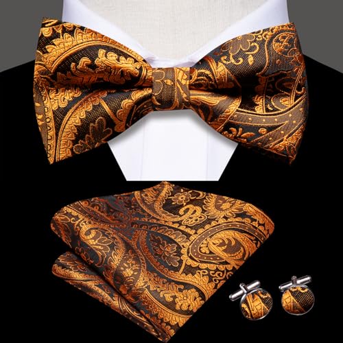 Image of Hi-Tie Bow Tie Men Pre Tied Bowtie Pocket Square Cufflinks Lapel Pin Formal Wedding Bow Ties for Men Party Tuxedo Bowtie Set,Black Orange Paisely Floral