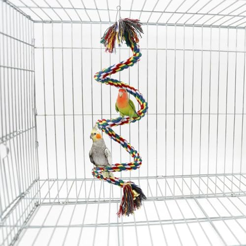 Image of ZIBUYU Birds & Parrot Toy - Rope Perch, Swing & Bungee Climbing Set with Steel Core, Food-Safe & Natural Colors, Chewing, Exercise & Play for Parrot, Cockatiels, Parakeets, (Length1m with Bell)