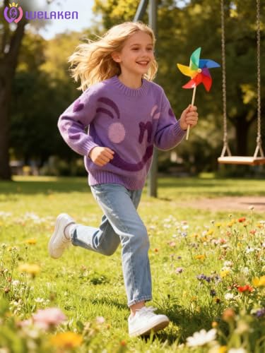 Image of WELAKEN Girls Sweater Colorful Patterned Crewneck Long Sleeve Knit Pullover