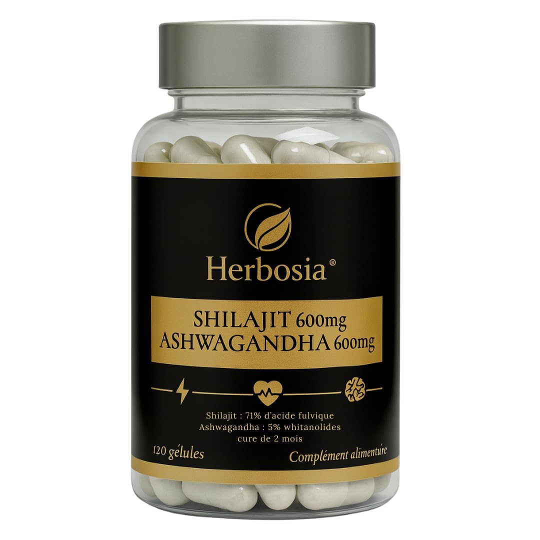 Shilajit 600 mg + Ashwagandha 600 mg – Complément Ayurvédique Origine Himalaya | 71% Acide Fulvique & Oligo-Éléments Naturels | Énergie, Vitalité & Anti-Stress | 120 Gélules
