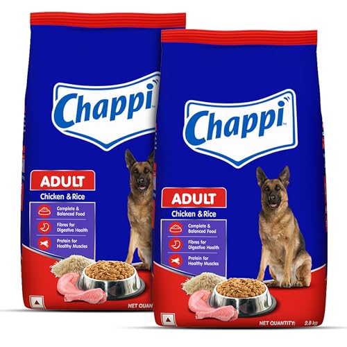 Image of Chappi Adult (1+ Years) Dry Dog Food, Chicken & Rice, 2.8 kg, Complete and Balanced Food for Adult Dogs (Pack of 2)