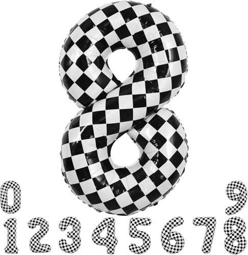 Image of TONIFUL 40 Inch Large Checkered Number 8 Balloon 8th Birthday Decorations