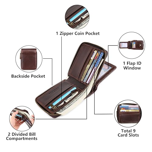 Chain Wallets For Men RFID Blocking Leather Mens Wallet With Zipper, Flap ID Window Zip Coin Pocket Bifold Card Wallets Big Capacity For Travel (Coffee)4