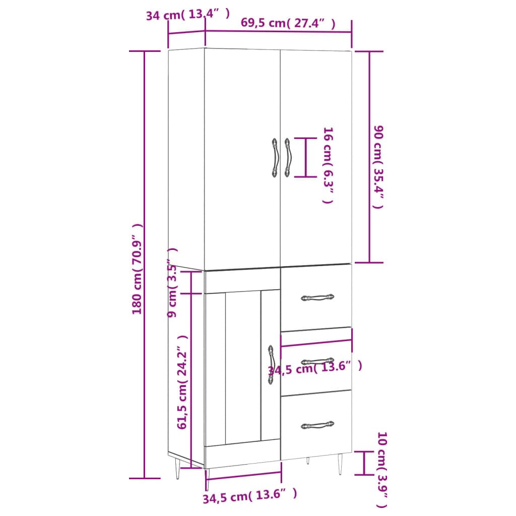 Komoda biała z materiału drewnopochodnego 69,5 x 34 x 180 cm z metalowymi nóżkami, schowek do salonu, kuchni, biura, korytarza, komoda z drzwiami i półką