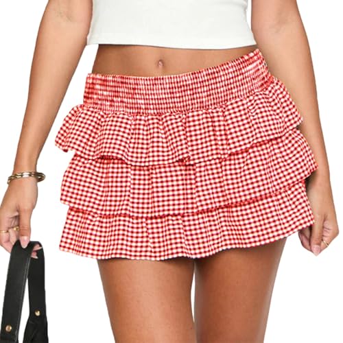 Women Y2K Plaid Mini Skirt Lace Trim Low Rise Tiered Ruffle Short Skirts Flowy Layered A Line Skirt Party Clubwear