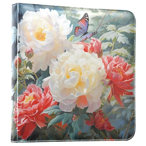 JIPONI Beautiful Peony Purple Butterfly Large Photo Album, DIY Leather Cover Scrapbook Albums for 4x6 5x7 6x8 Pictures, Self Adhesive Memory Book for Wedding, Baby, Family