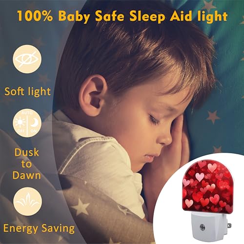 Image of Red Love Hearts Night Light Plug into Wall,Romantic Sweet Red Heart Dusk to Dawn Night Light,0.5w Energy Saving Sleep Friendly Nightlights for Kids, Ideal Gifts for Birthday Mother's Day