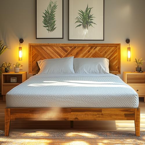 Image of Acacia Sierra Solid Wood Bed Frame with High Headboard, 800 lbs Capacity Farmhouse Signature Bedroom Furniture Wood Bed Compatible with All Mattress Types