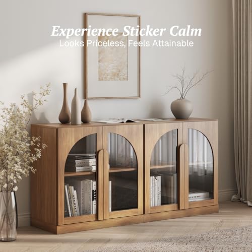 Image of BELLEZE Set of 2 Modern Sideboard Buffet Cabinets (63 inch Wide) - Large Kitchen Credenza with 4 Arched Glass Doors - Seamless Storage Console Sideboard for Kitchen, Living Room - Camel