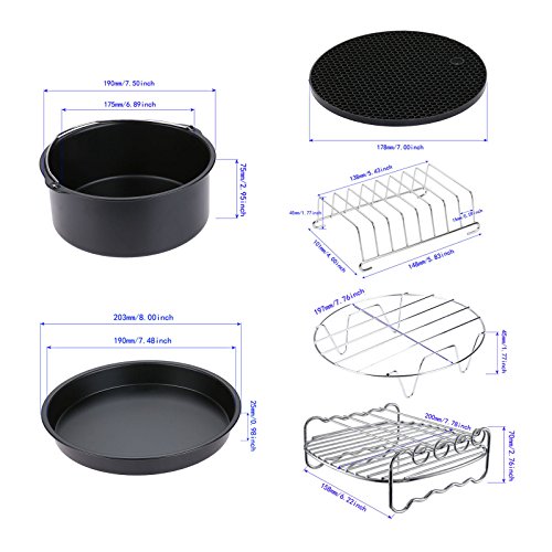 6 Pcs Air Fryer Accessories for 3.2-4.5QT, Cake Barrel, Silicone Mat, Skewer Rack, Metal holder Fit, Double Layers Skewer Rack, Baking Pizza Pan Holder included, Suitable for Bake/Toast
